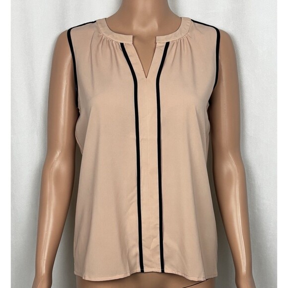 Calvin Klein Women’s Size Small Sleeveless V-Neck Blouse In Blush W/Black Trim - Picture 1 of 9